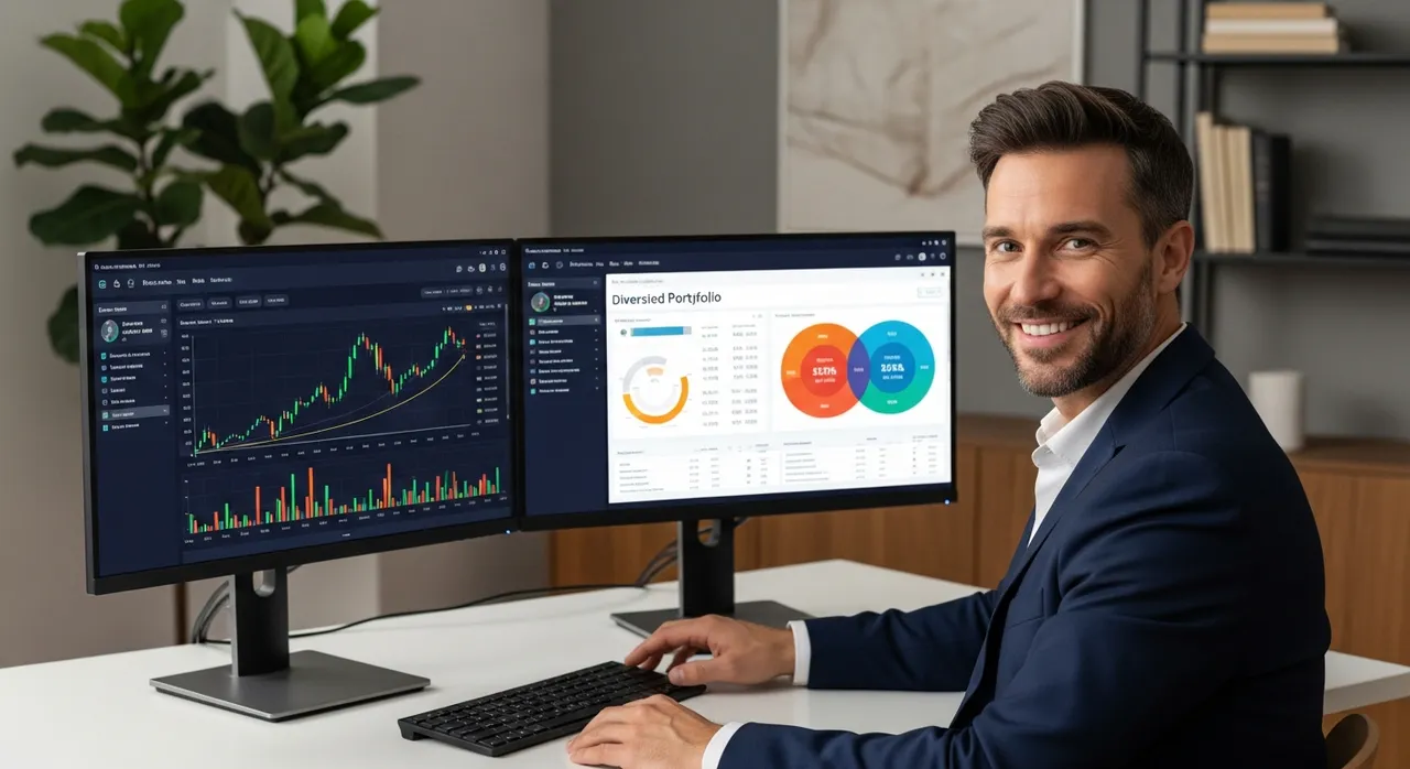 Confident entrepreneur at a modern dual-monitor setup with digital business dashboards representing building an online business