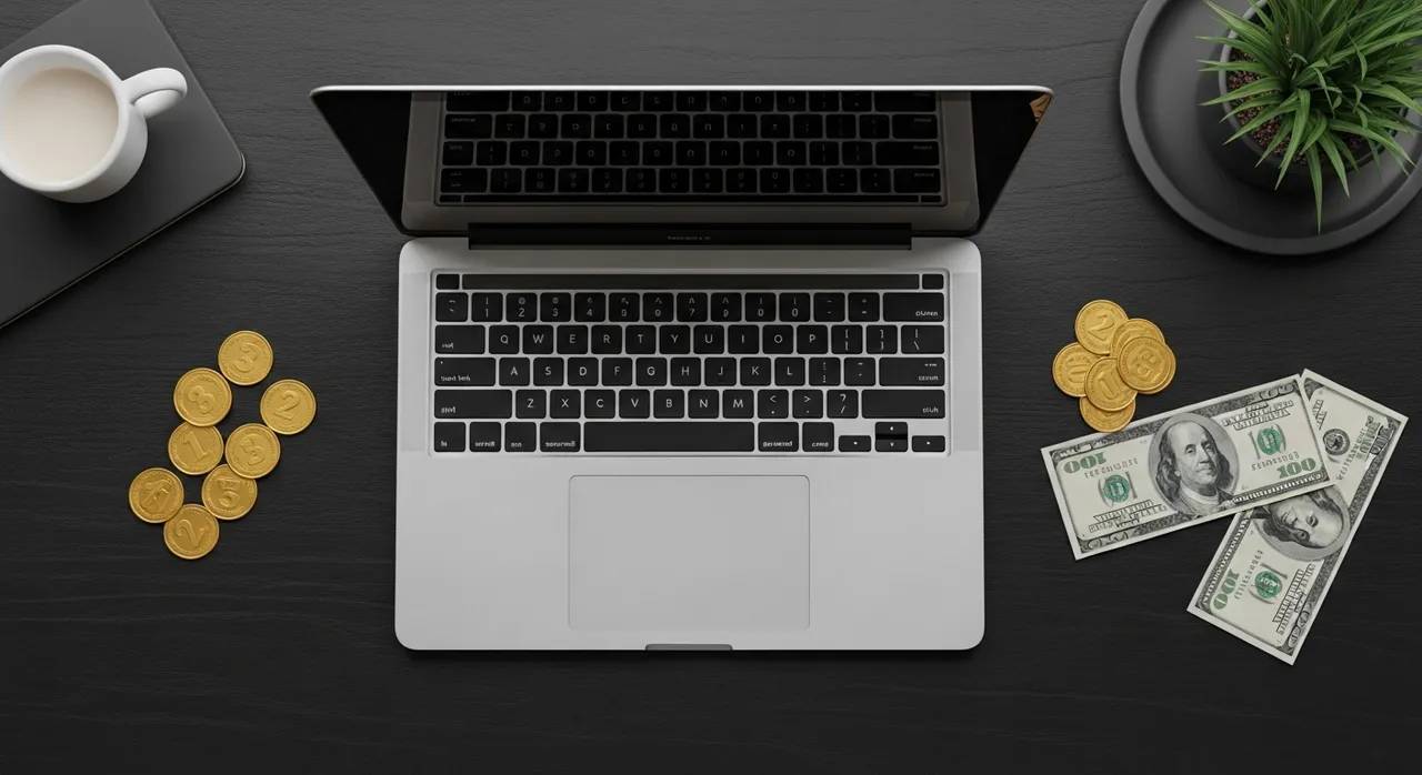 Luxurious modern workspace with premium laptop, gold coins and dollar bills representing digital entrepreneurship and step-by-step wealth building