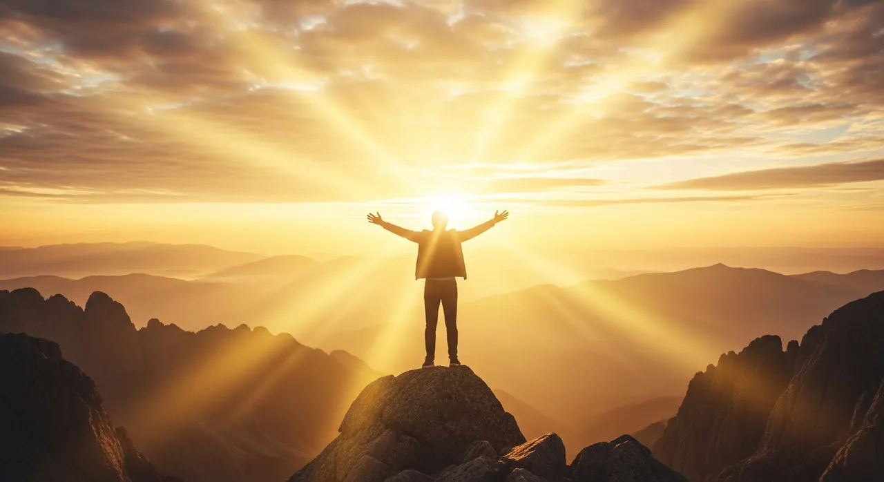 Person at mountain summit at sunrise with arms spread wide, representing discovering true desires and life vision