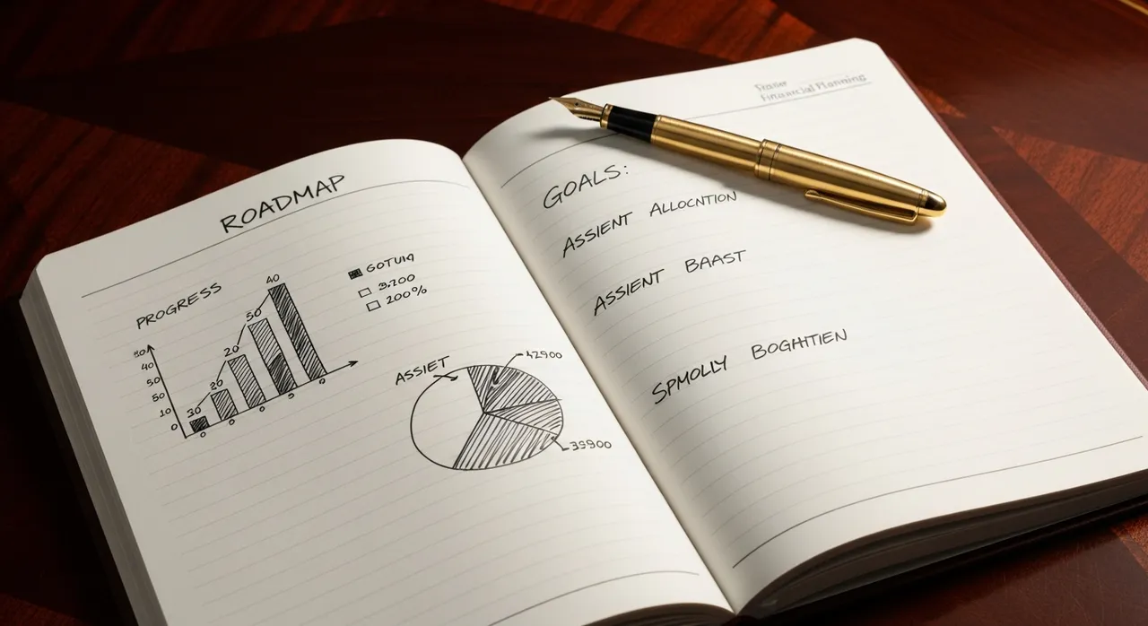 Elegant financial planning notebook with charts and goals written with a gold pen on a luxury desk