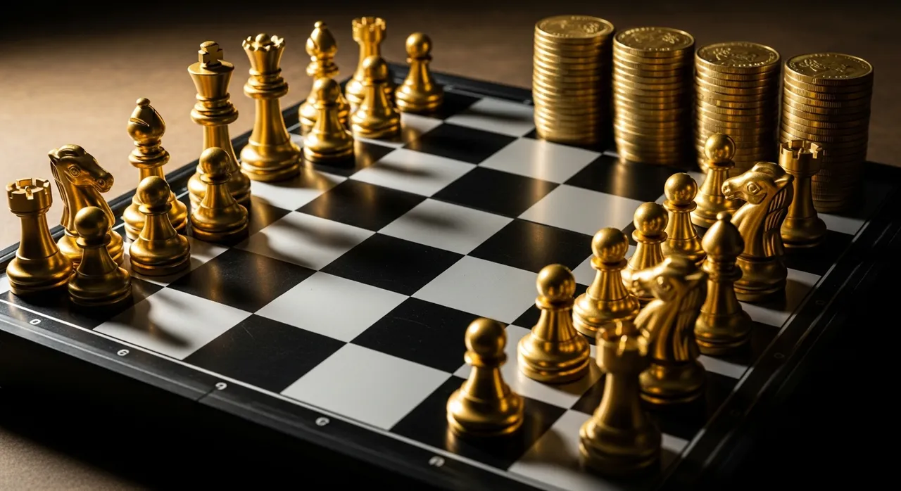 Gold chess pieces and stacked gold coins on a dark board representing strategic money-making game plan
