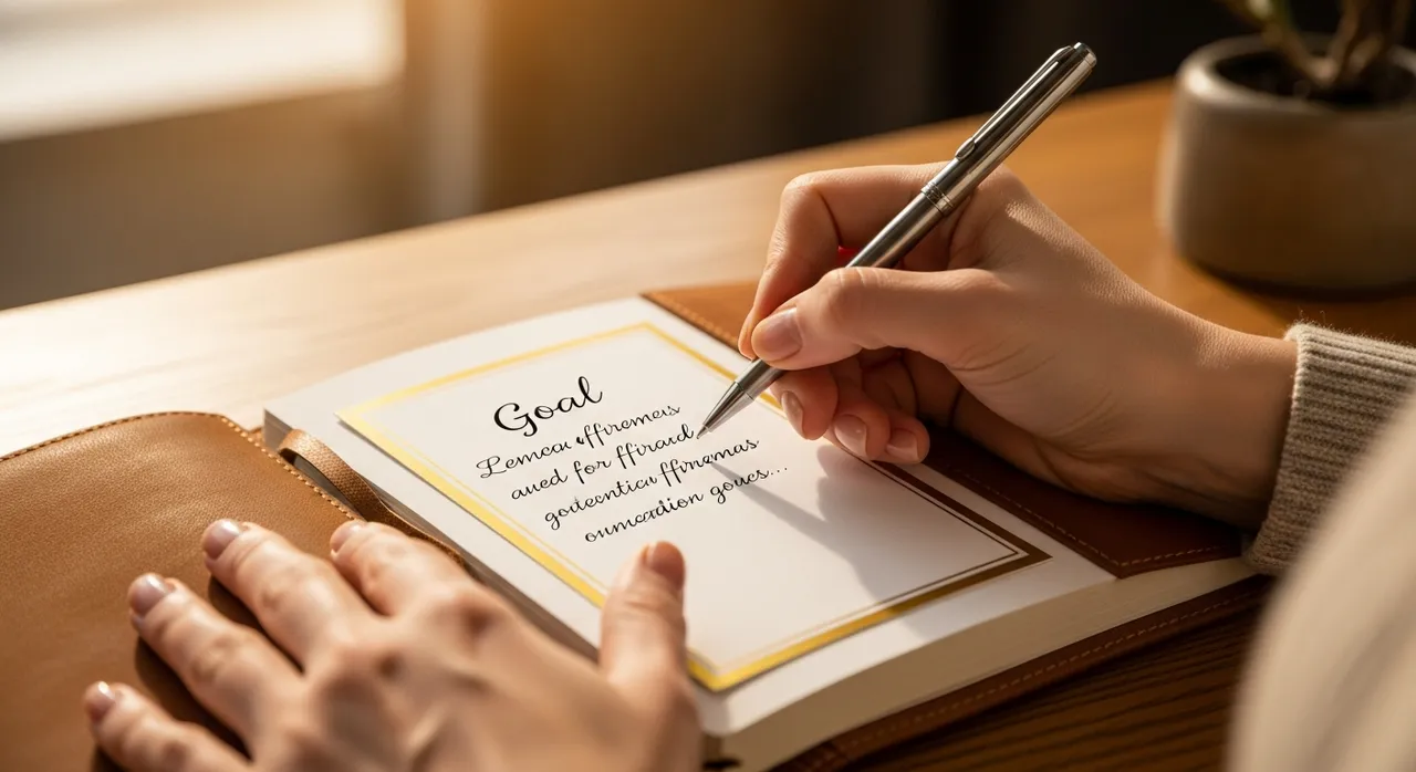 Hands writing affirmations on a beautiful gold-bordered goal card in a premium leather journal