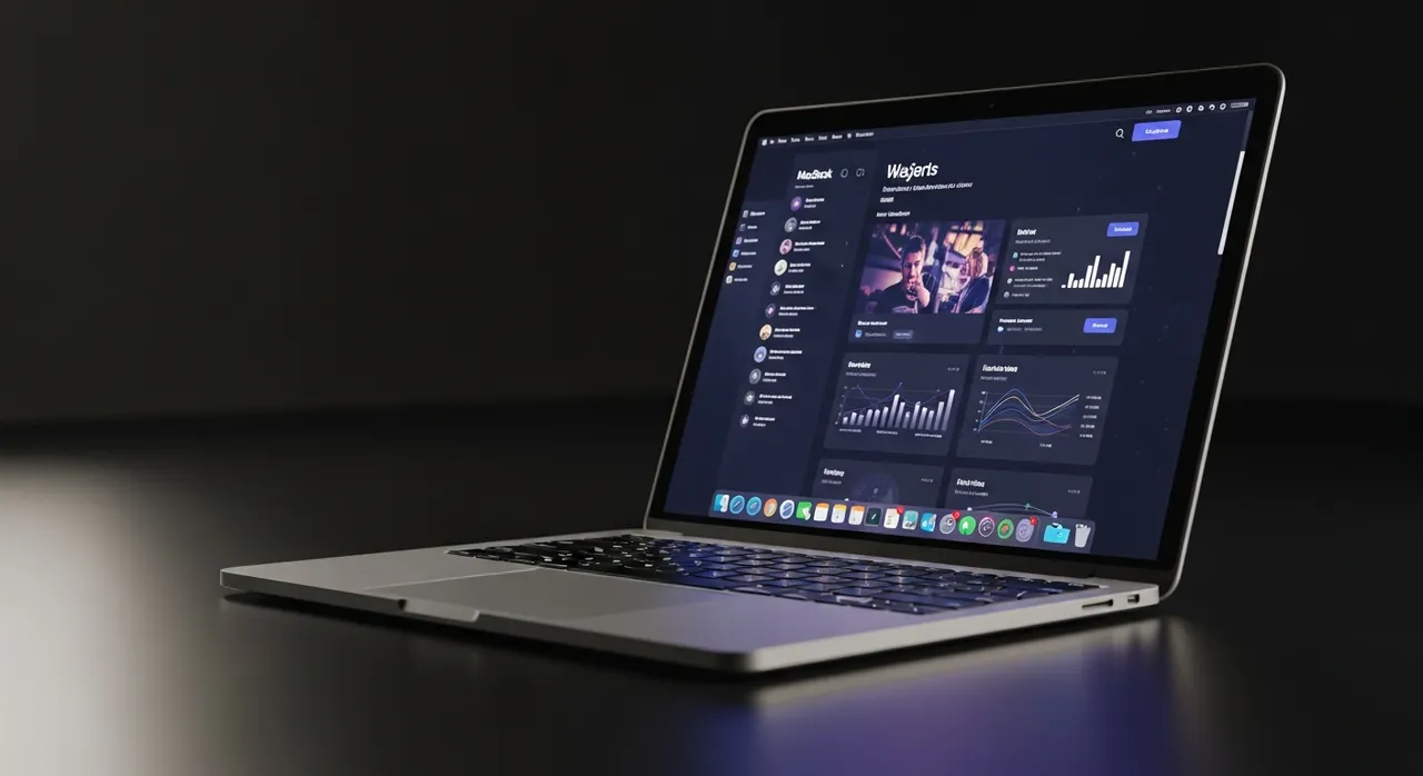 Sleek modern MacBook laptop with glowing website dashboard representing an online hub presence