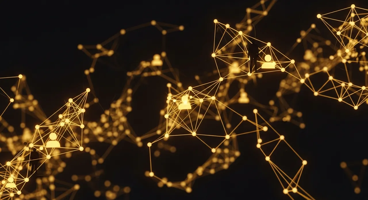 Network of connected glowing golden nodes representing a growing community of 1000 members