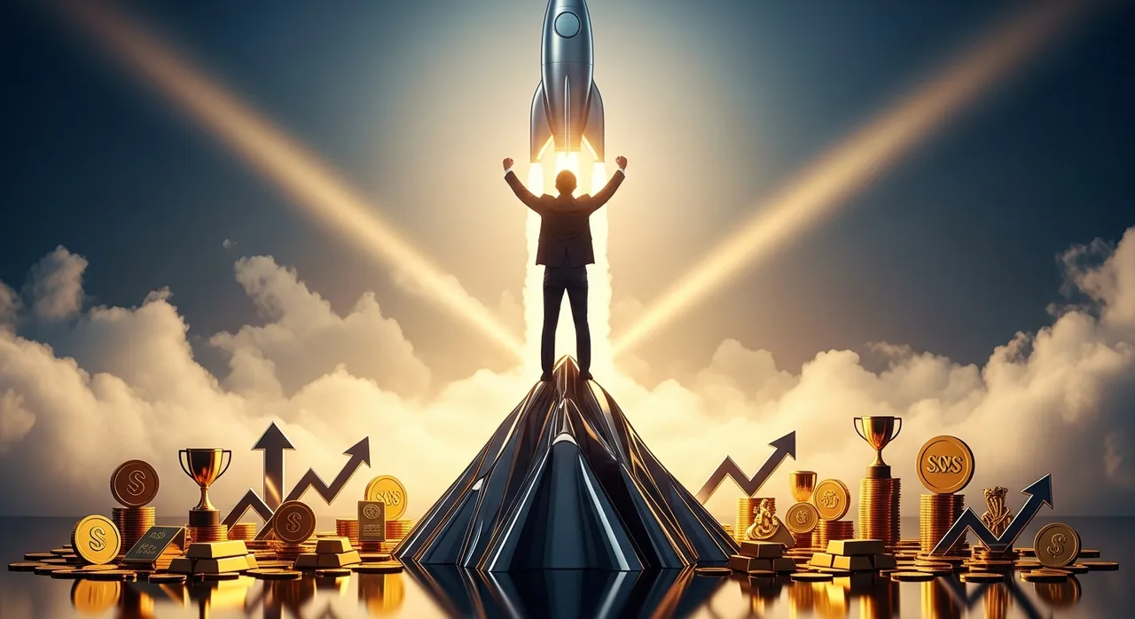 Person with arms raised in triumph with a rocket ascending surrounded by gold coins representing scaling to become the best